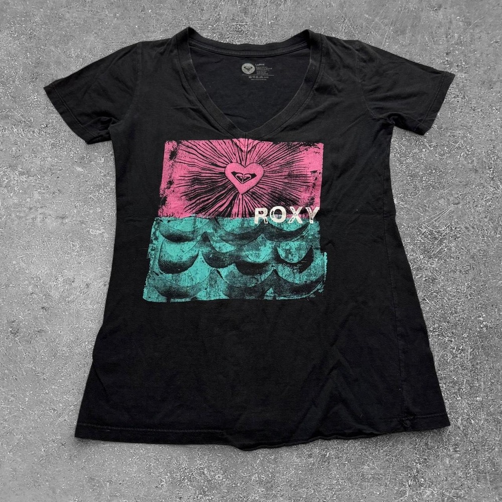 Roxy Womens Y2K Black Cotton V-Neck Graphic T-Shirt Pink Heart Teal Wave Large